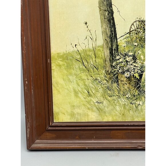 vintage wood framed print wagon fence floral landscape signed Daisys 19x15" READ - Picture 4 of 7
